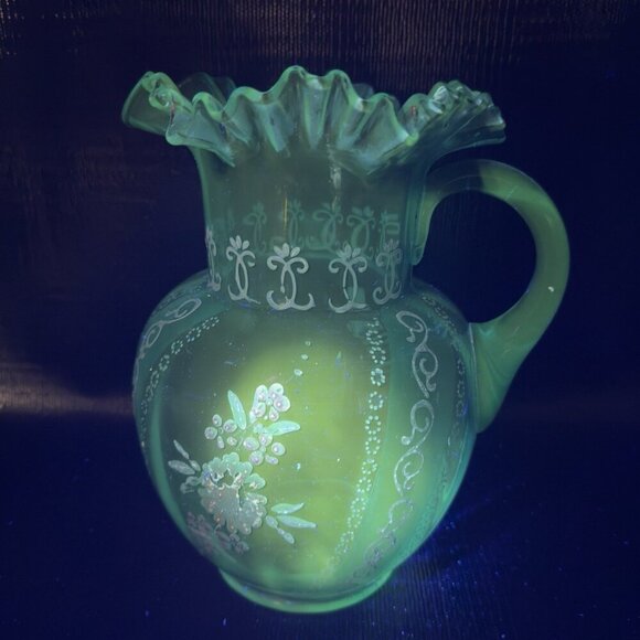 Antique Victorian Glass Pitcher Blue Enameled Crimped Rim Manganese 365nm Glow - Picture 13 of 16